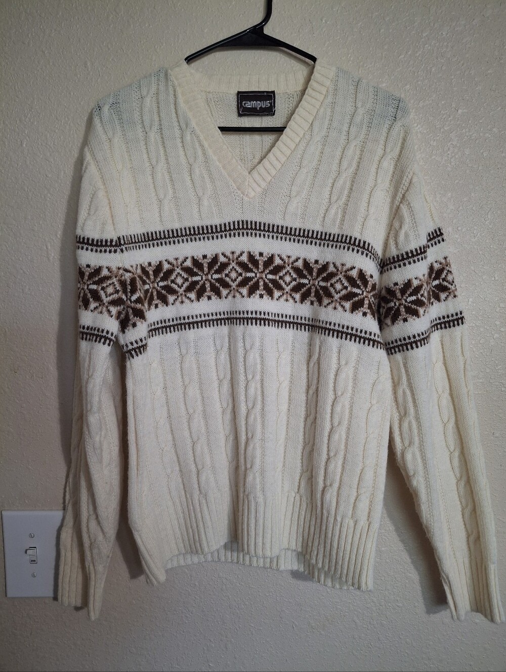 Campus Cream Cable-Knit V-Neck Sweater with Brown Fair Isle Stripe